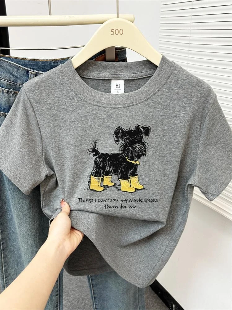 圆领短袖t恤女2025夏季新款韩版时尚洋气印花休闲百搭正肩上衣潮