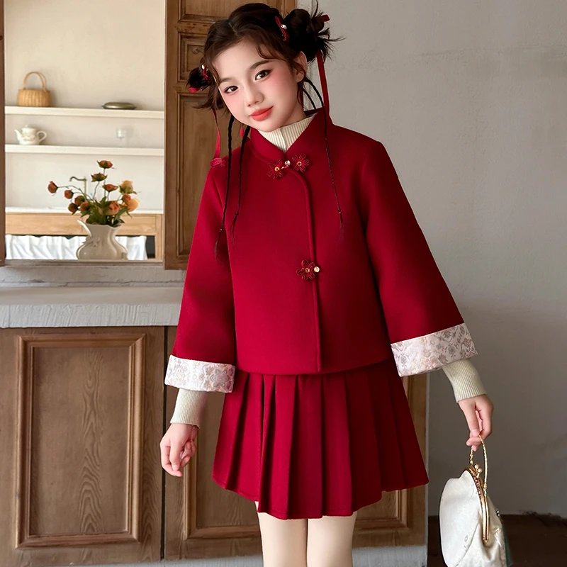 女童冬季红色新中式加厚唐装外套百褶裙套装儿童冬装新年拜年服潮