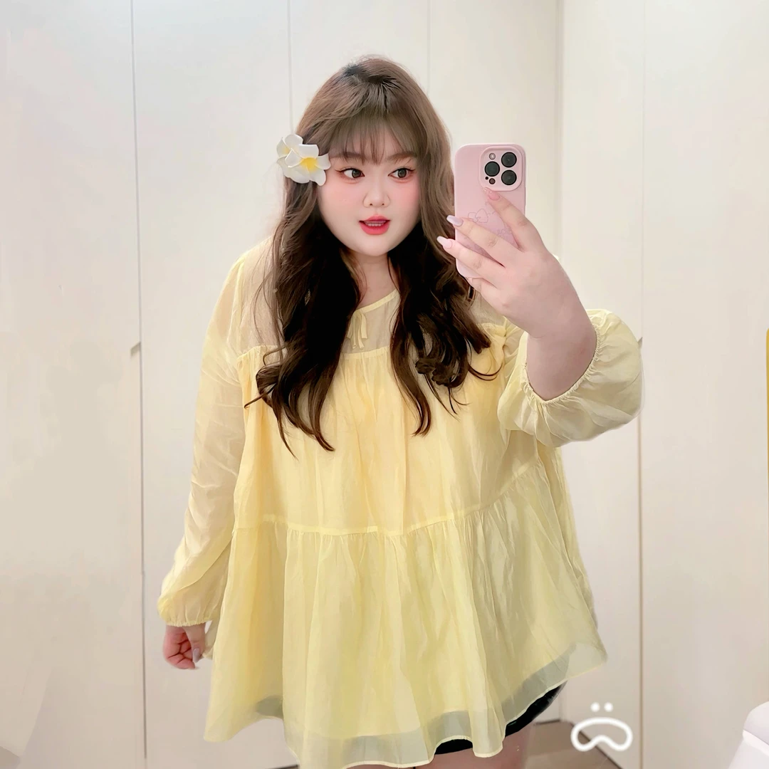 少女圆舞曲｜大码胖mm嫩黄色泡泡袖蓬蓬上衣清新可爱甜美2025夏