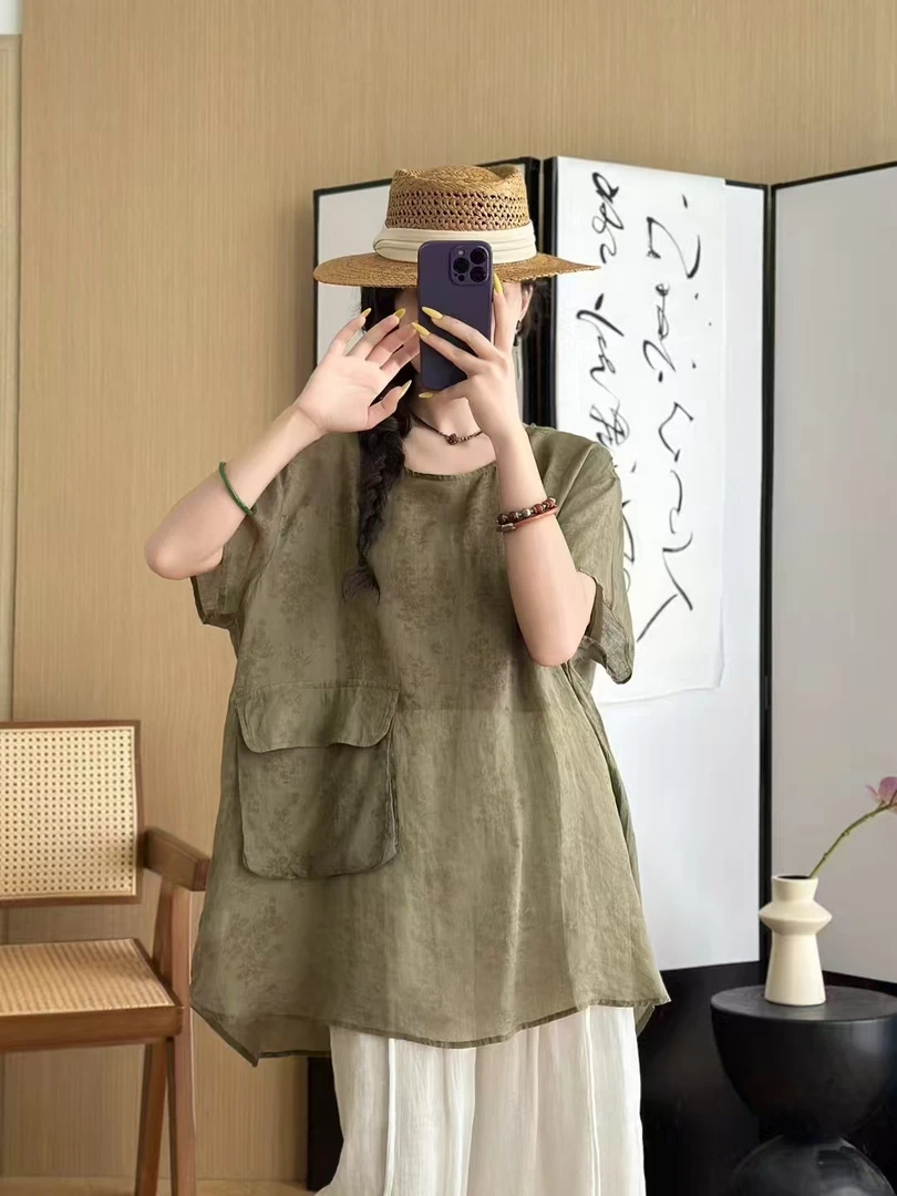 纯苎麻加肥大版暗花圆领中长款口袋女士休闲套头上衣百搭时尚