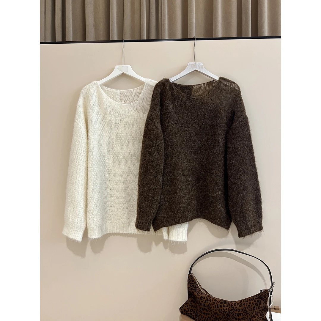 拼接米白色毛衣21007