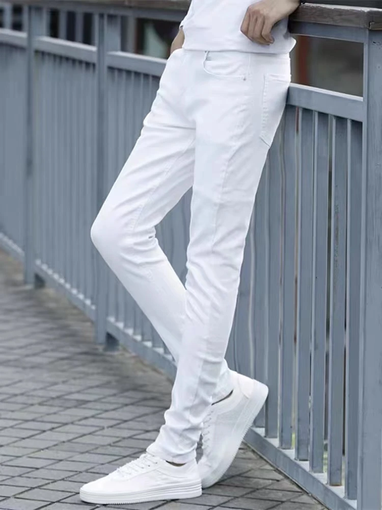 男士白色韩版修身春夏牛仔裤时尚休闲潮流百搭弹力弹力小脚 牛仔