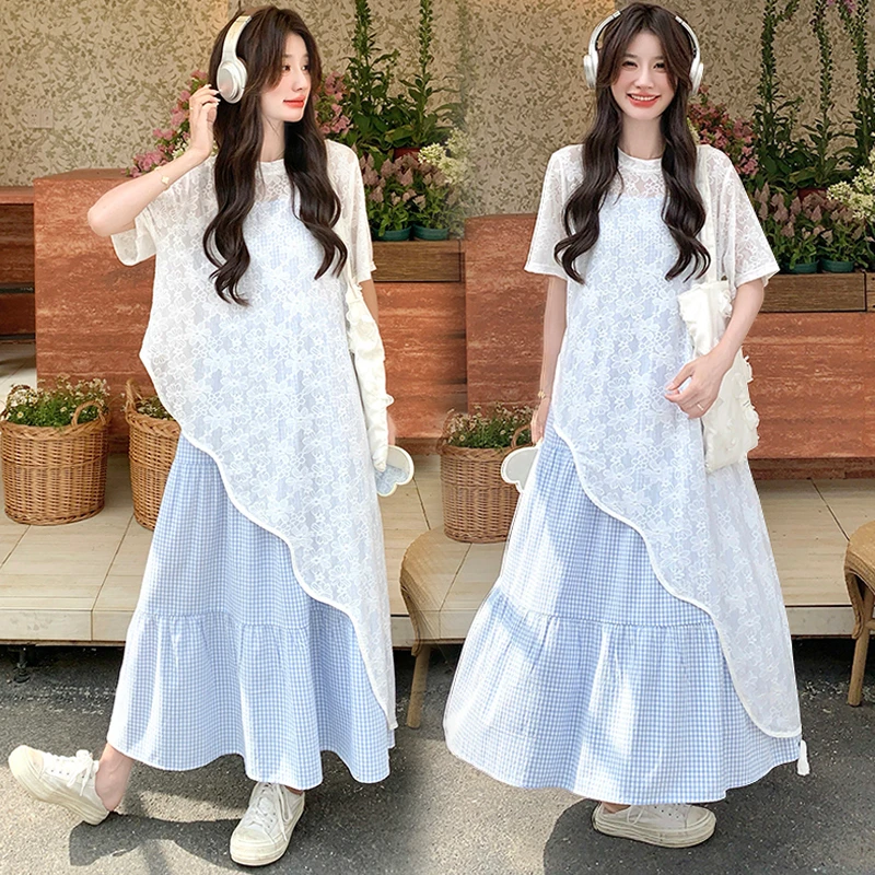 时髦孕妇夏装夏天格子连衣裙宽松短袖罩衫大码连衣裙蕾丝显瘦套装