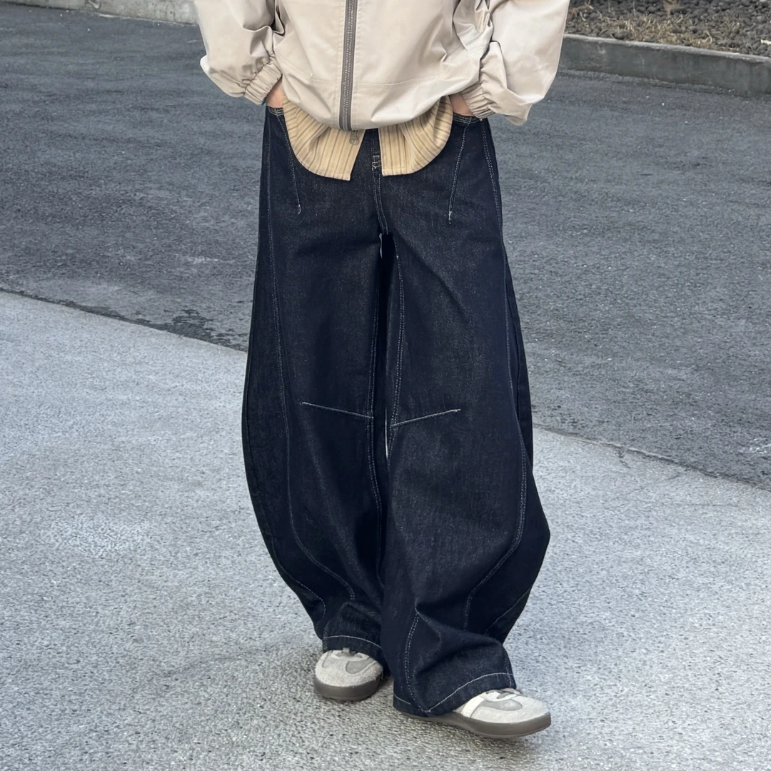 2025新品简约复古原色原浆单宁宽松阔腿弯刀裤牛仔裤男女