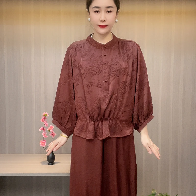 935时尚精品立领中老年时尚套装大码加肥加大气质透气吸汗妈妈装