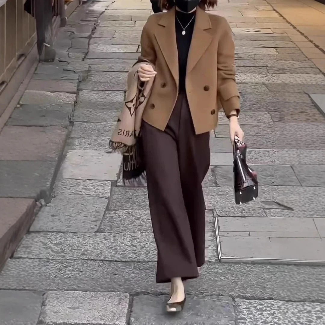 秋季新款简约高级翻领毛呢外套休闲阔腿裤女