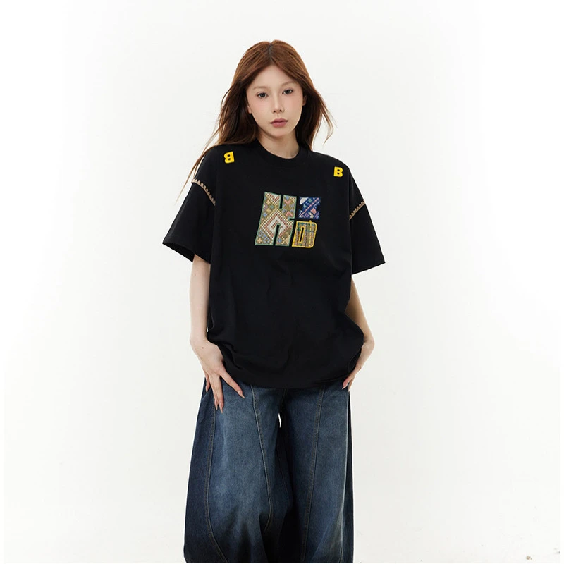 欧美潮牌ins刺绣印花短袖t恤男女设计感夏季宽松休闲百搭情侣上衣
