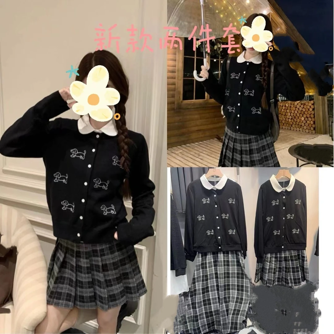 秋季复古小狗针织开衫女春季2025新款宽松慵懒风毛衣两件套装