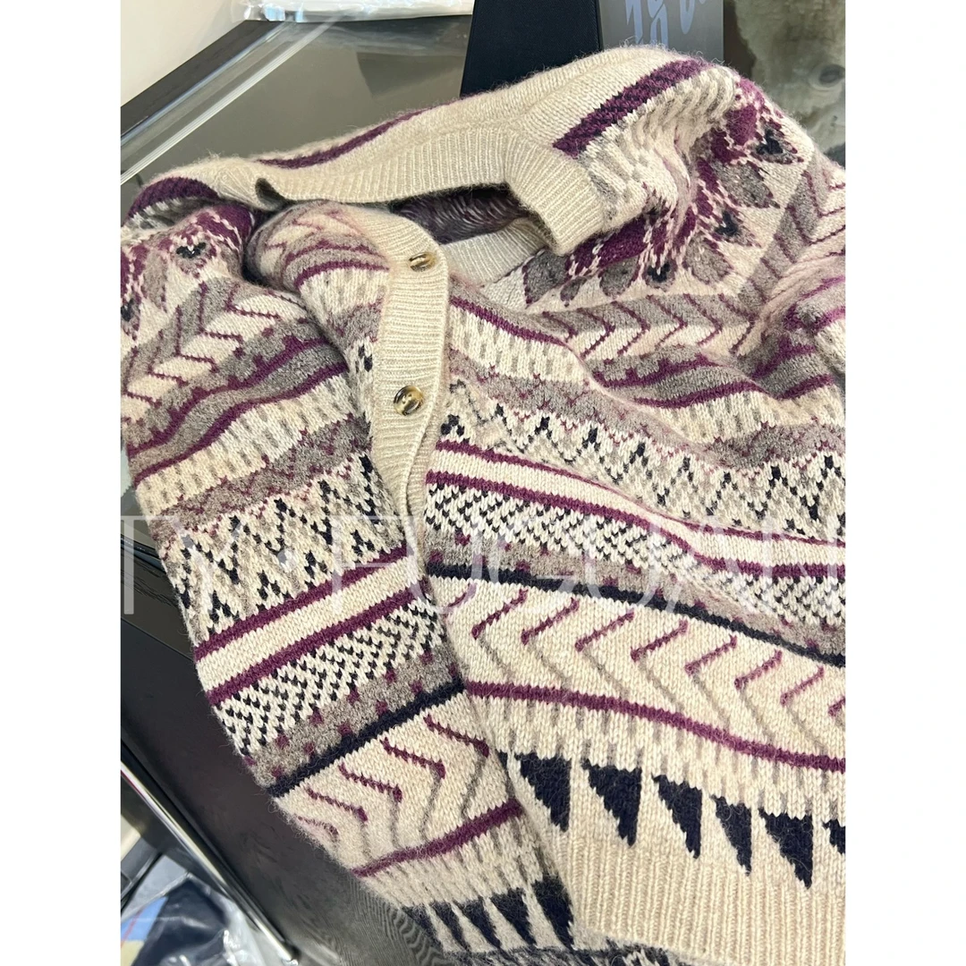 /复古开衫/费尔岛毛衣撞色提花软糯针织开衫19008