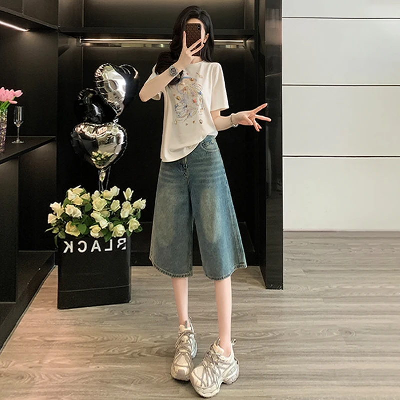 潮流港风休闲时尚套装女夏季宽松显瘦减龄短袖T恤牛仔中裤两件套