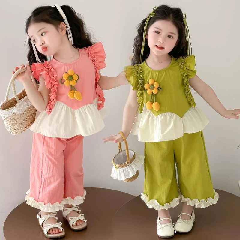 女童夏装套装飞袖娃娃衫儿童背心花边裤子两件套夏季薄款宝宝衣服