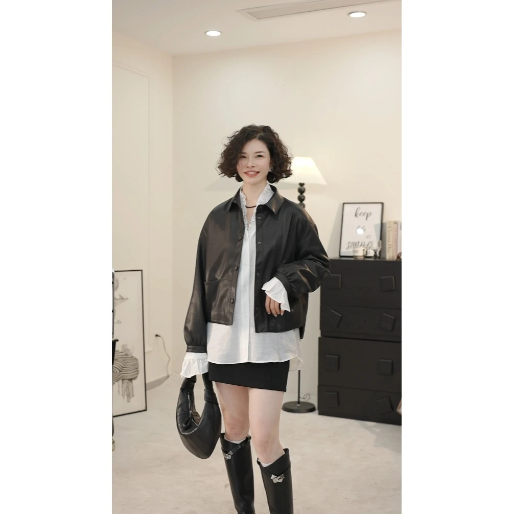 2025春秋新款真皮皮衣女长规款绵羊皮插肩袖休闲宽松皮衣1609