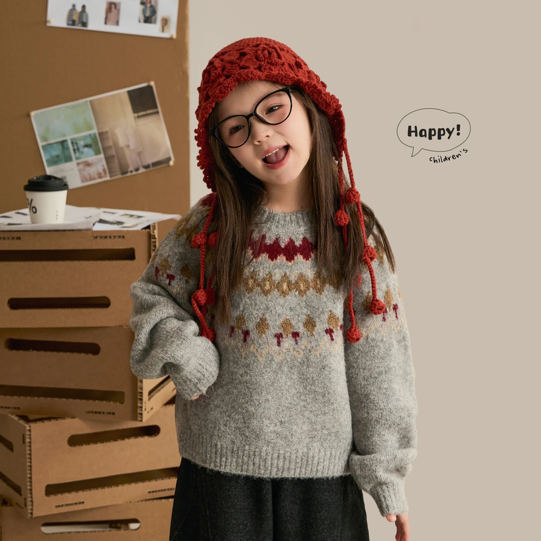 辰辰妈【费尔岛】女童圆领毛衣秋冬撞色提花亲子装针织上衣8931D