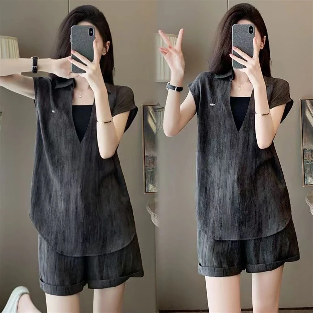 时尚套装女夏季气质显瘦轻熟薄款减龄设计感色短袖短裤两件套