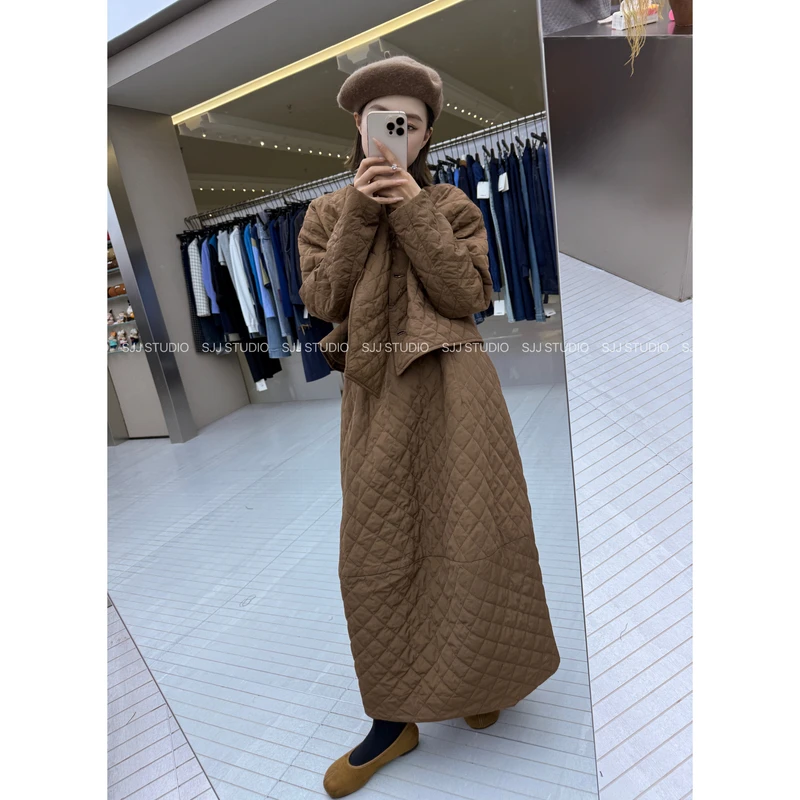 【娇娇私服订制】秋冬新款时尚菱格棉服裙子外套围巾三件套装11121#