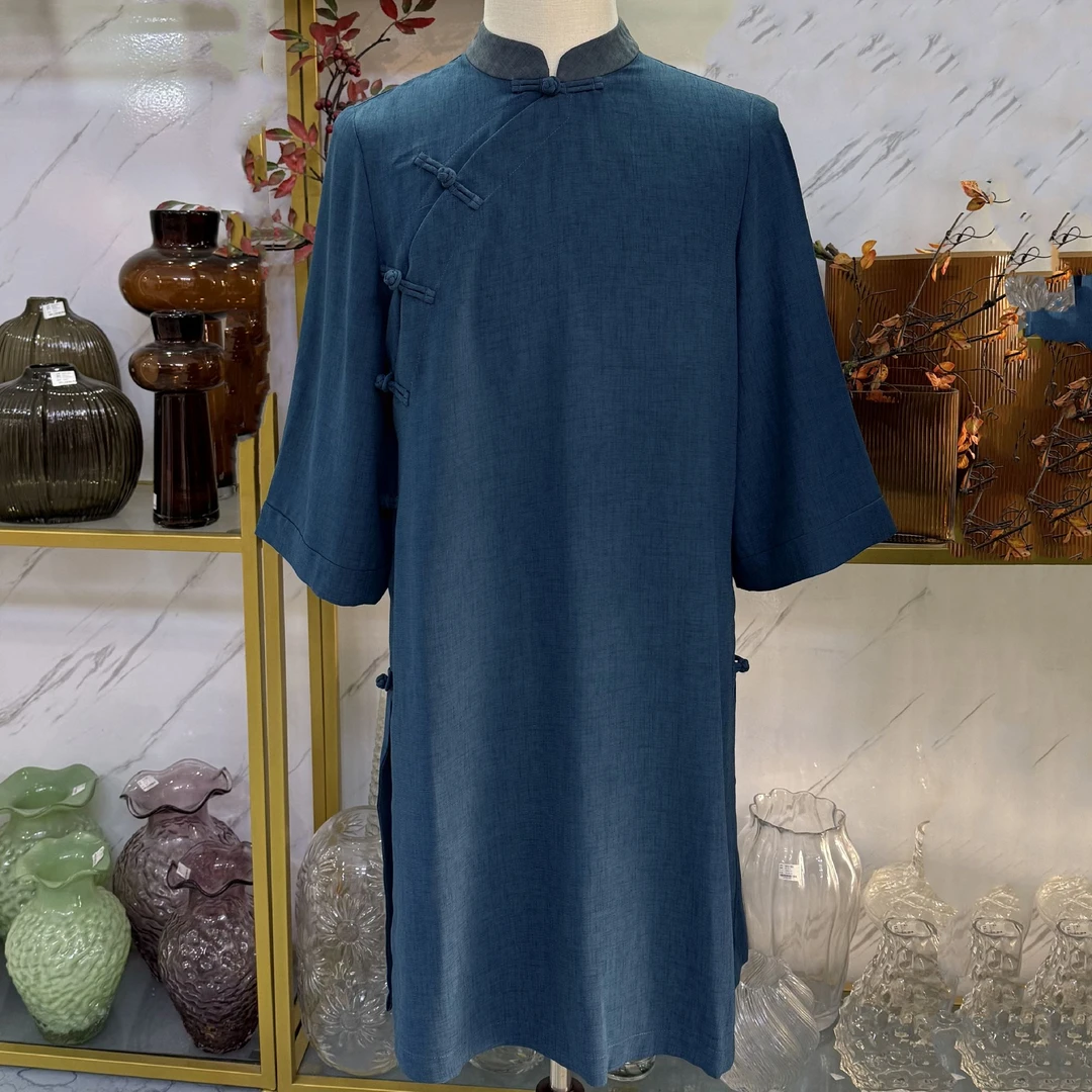 明引进口纤麻斜领居士服唐装休闲服女士上衣孔雀蓝透气