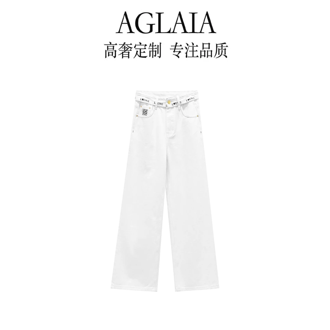 AGLAIA~秋季新款高腰拼接宽松显瘦阔腿休闲牛仔直筒长裤女8171