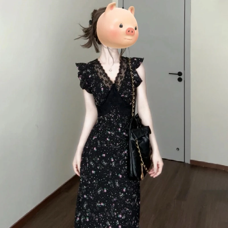 法式小飞袖黑色v领碎花连衣裙女夏季后妈裙2025新款爆款洋气长裙