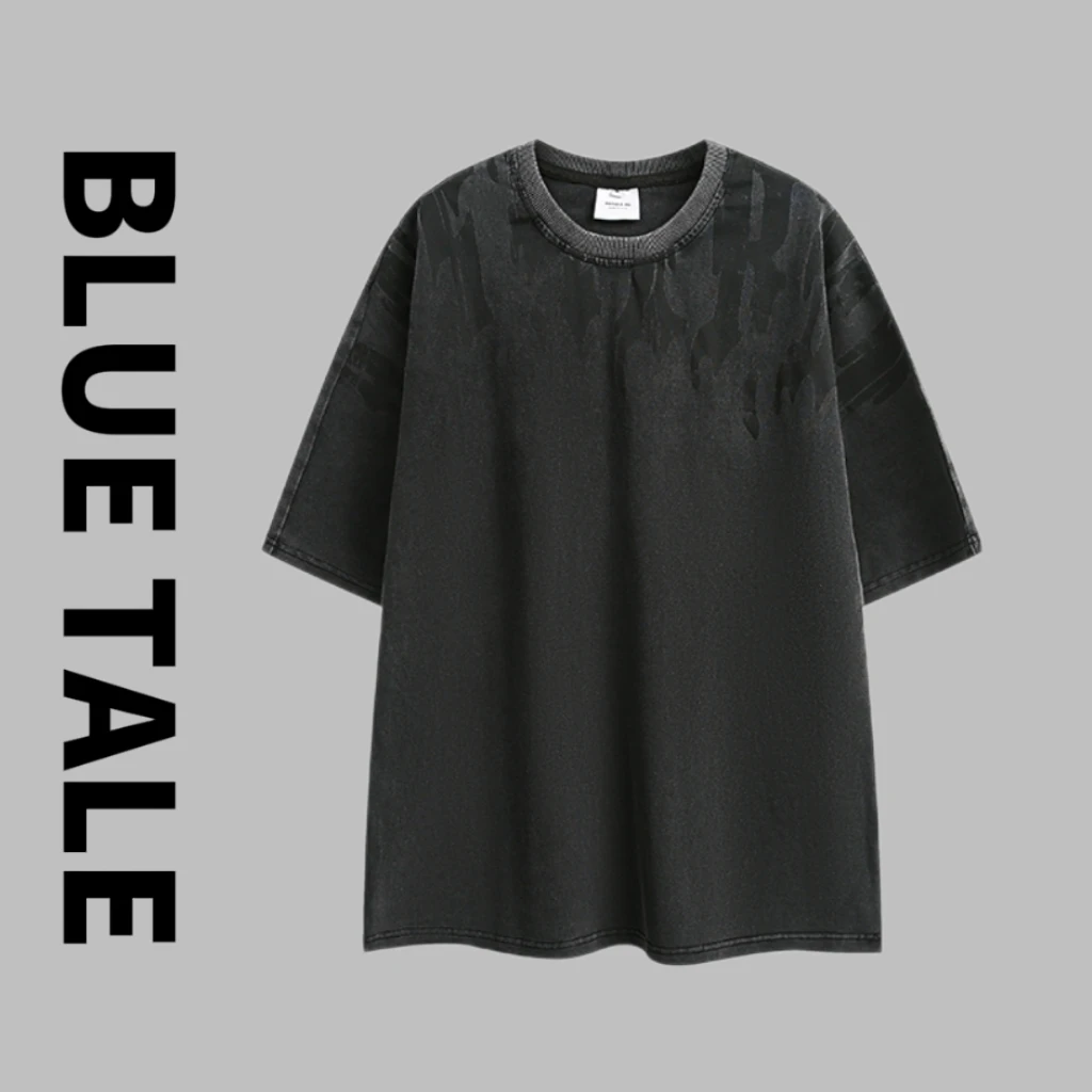 BLUE TALE领口印花设计水洗短袖男女同款休闲简约百搭