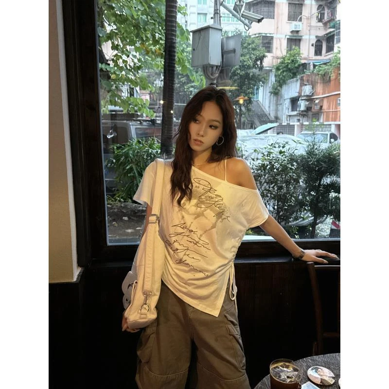【辣妹斜肩】夏季新款美式斜肩辣妹字母印花短袖T恤上衣