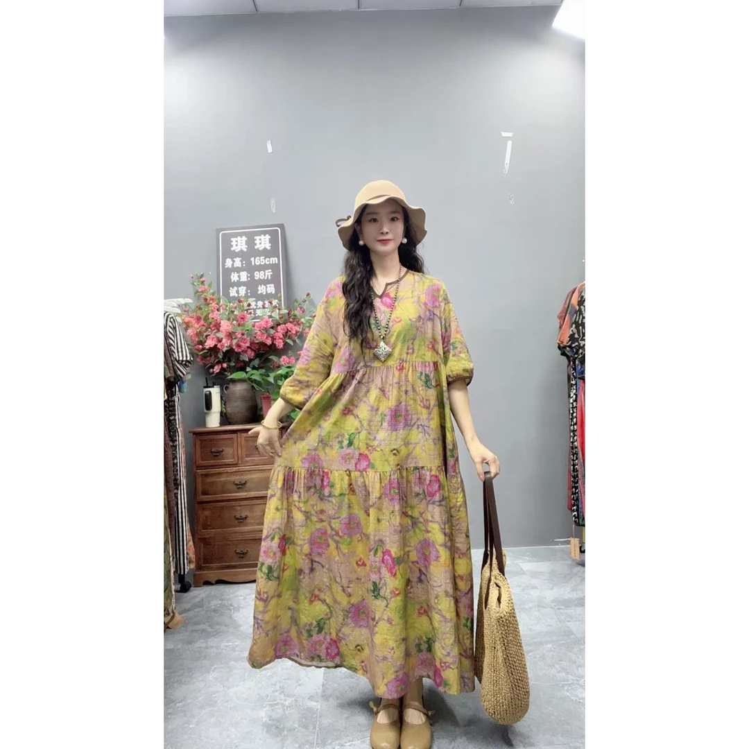 5208夏季新款显瘦气质时尚女百搭休闲文艺复古印花洋气宽松连衣裙