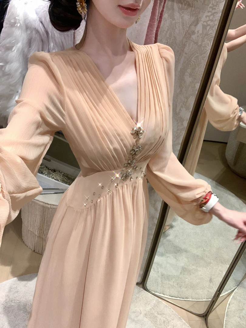 【雅乔定制】柔雾絮语 V领钉钻长袖雪纺连衣裙DYTH-25063926