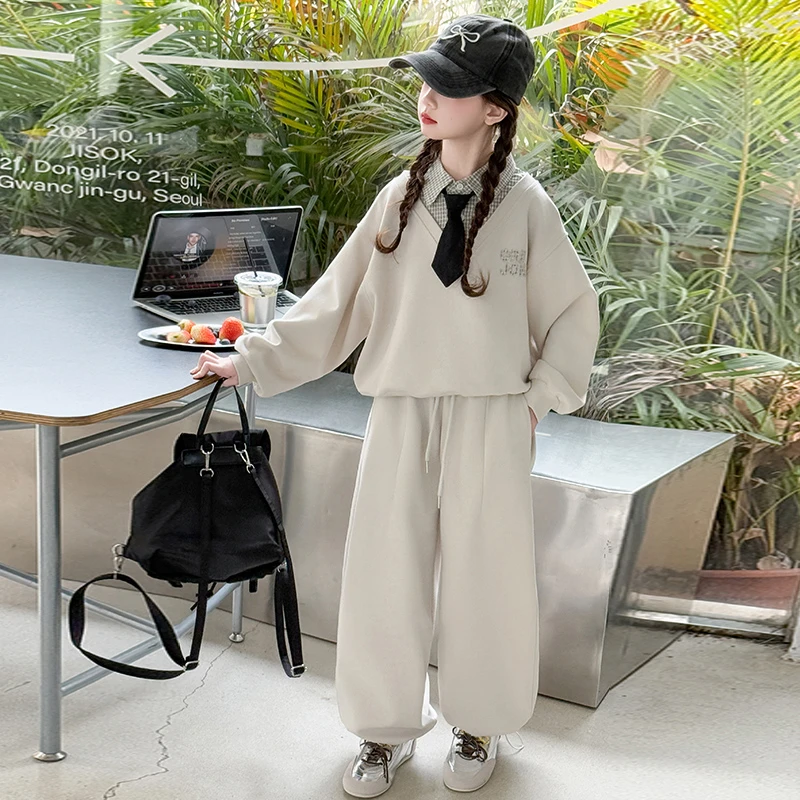 儿童学院风卫衣假两件套装送同款领带秋款女孩卫衣休闲裤套装