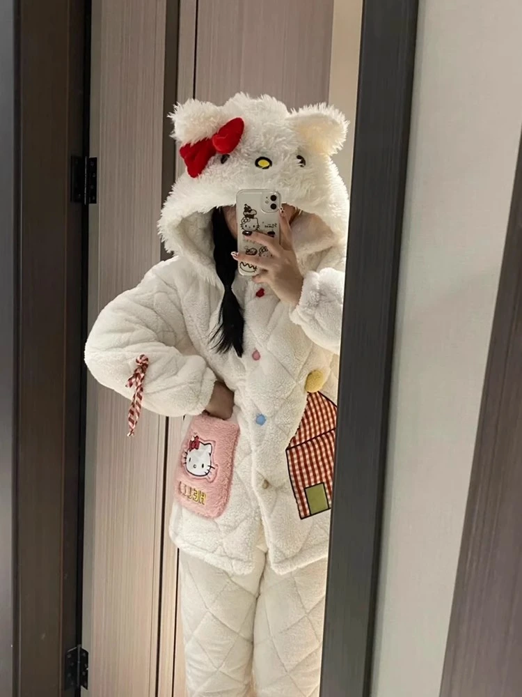 湖南省服睡衣女冬季珊瑚绒三层夹棉袄加厚加绒保暖毛绒连帽家居服