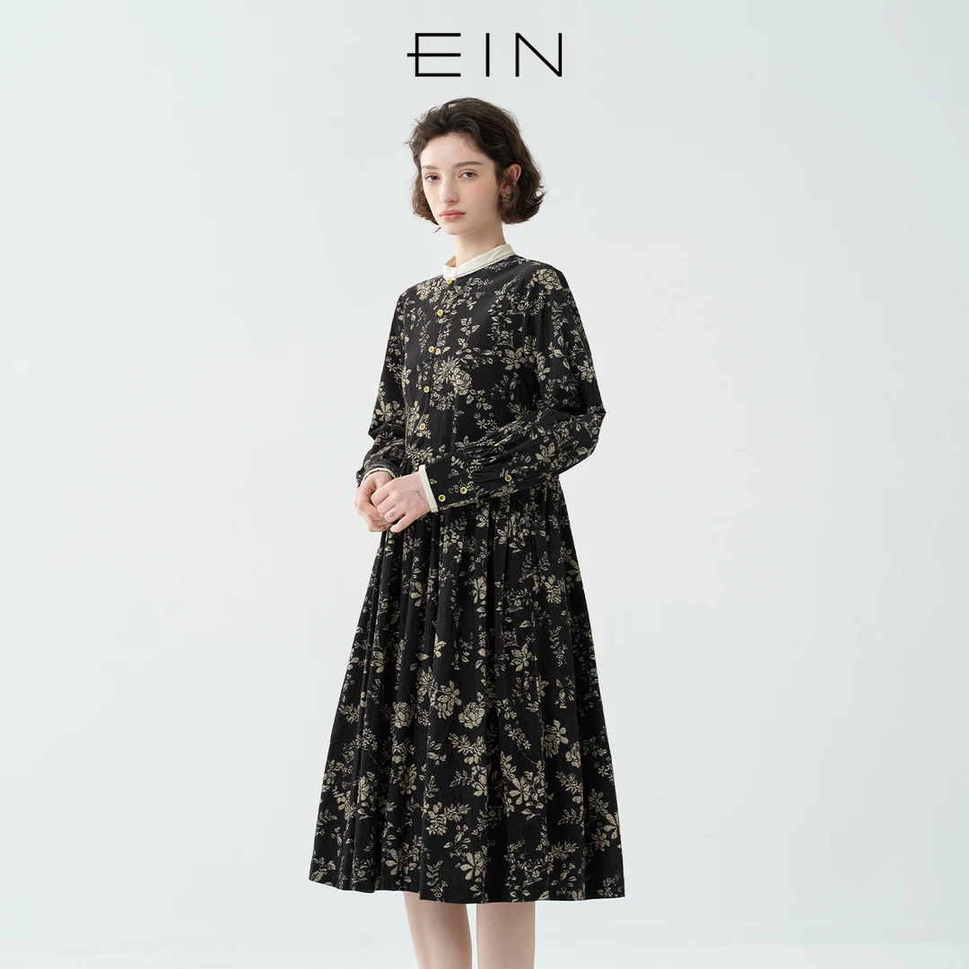 EIN/言文艺复古中式立领印花高腰碎褶灯笼长袖连衣裙女秋新款