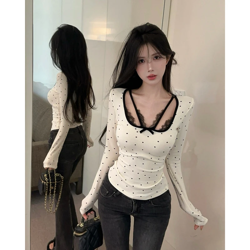 蝴蝶结蕾丝拼接假两件波点长袖T恤女纯欲辣妹修身显瘦打底衫上衣