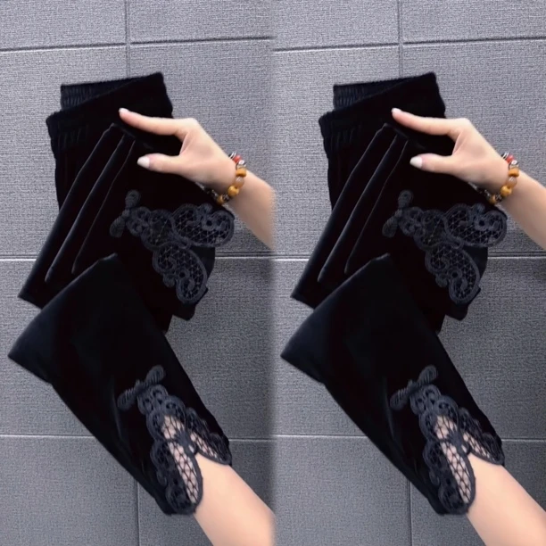 金丝绒小直筒裤女秋新百搭显瘦复古裤脚后拼接蕾丝盘扣九分裤休闲