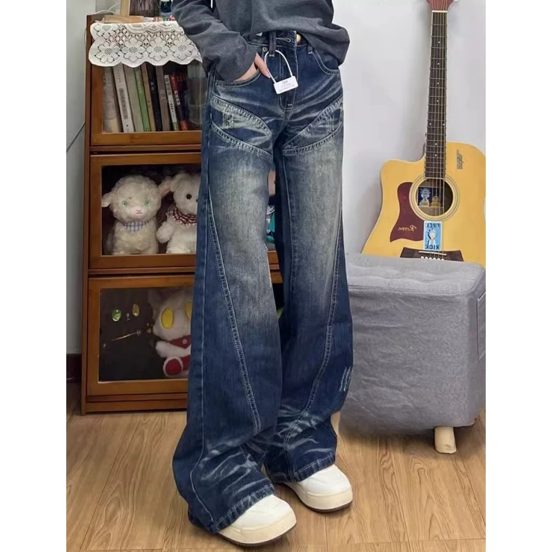 大码复古做旧低腰牛仔裤女秋季2025新款设计感修身拖地微喇叭长裤