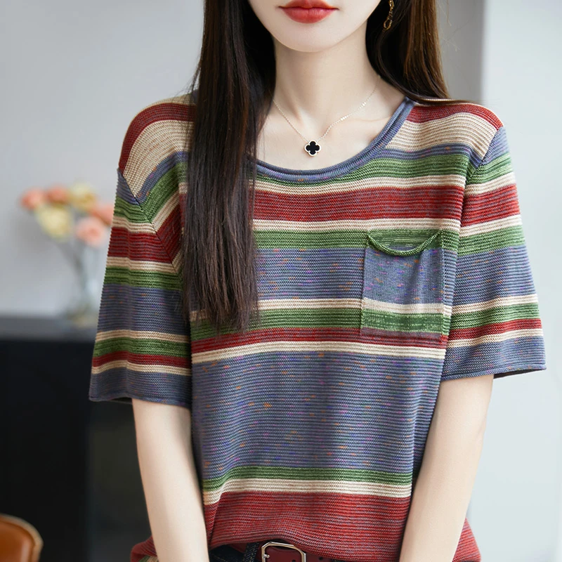 夏季新款条纹撞色高级感短袖t恤宽松休闲百搭半袖