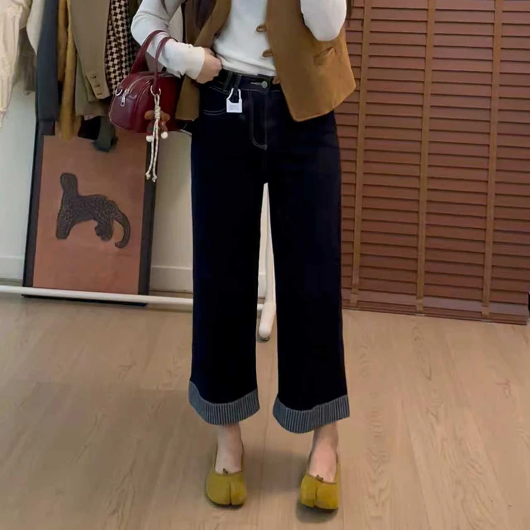 丹宁蓝翻边直筒牛仔裤女2025秋季新款时尚爆款九分裤子窄版阔腿裤