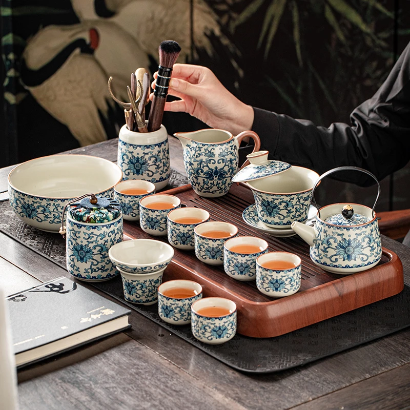 汝窑青花功夫茶具套装陶瓷提梁茶壶悬停盖碗茶杯茶盘轻奢高档家用