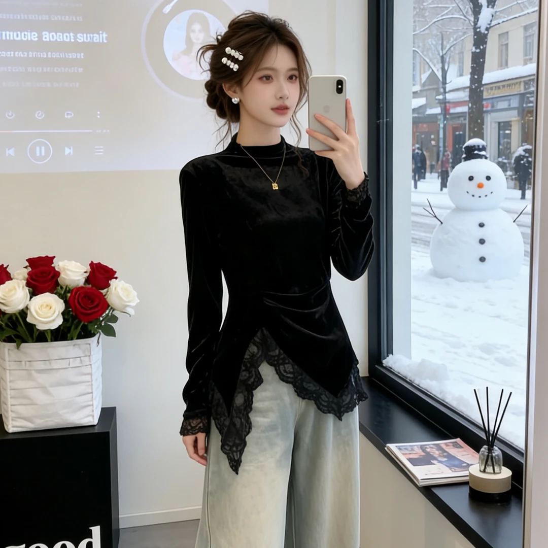 韩系半高领蕾丝拼接长袖T恤女2025冬季新款修身显瘦打底衫上衣潮