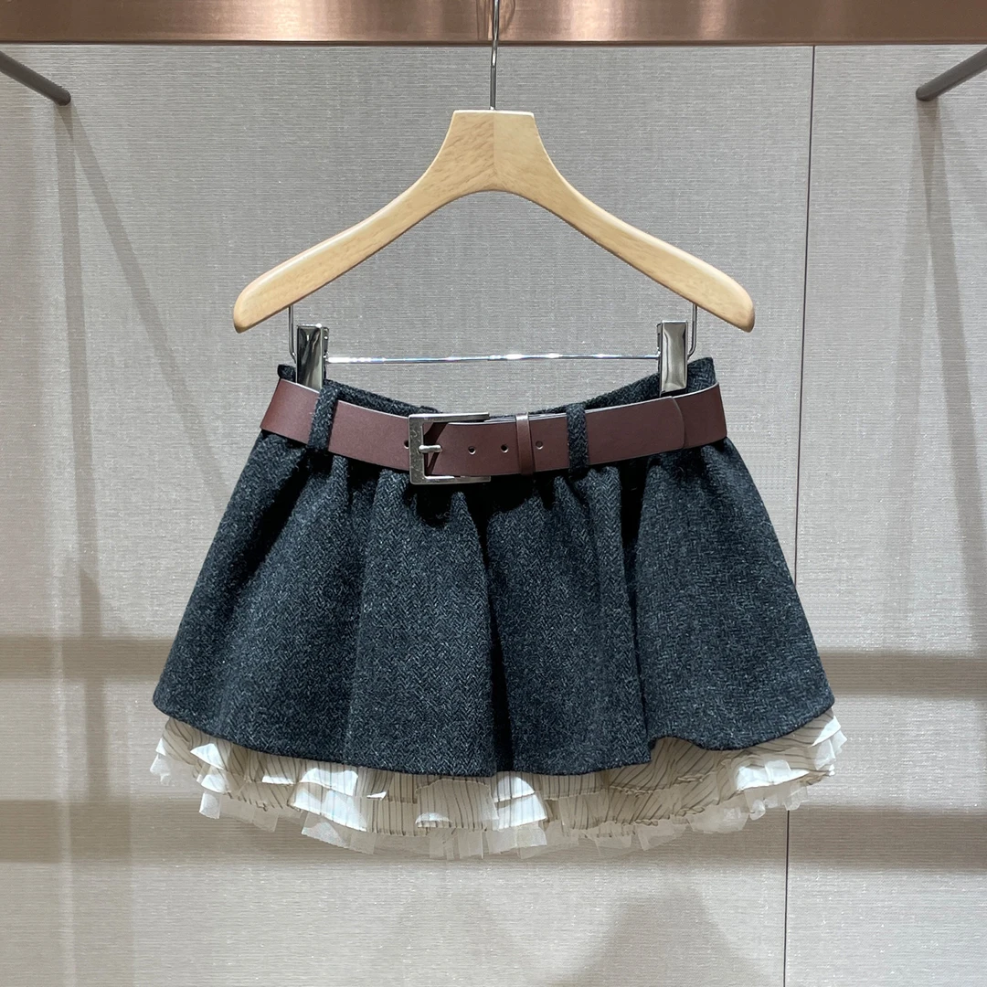 甜美百褶裙2025冬季新款腰带高腰显瘦小个子蓬蓬裙条纹拼接半身裙