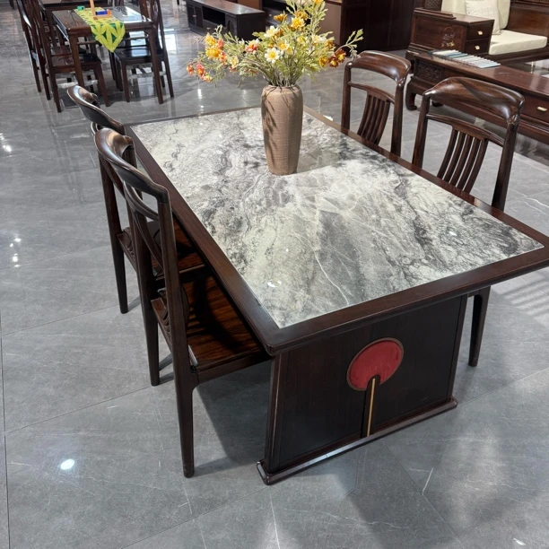 中式岩板餐桌长条餐桌大户型餐桌实木
