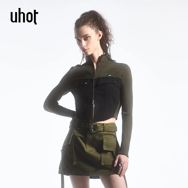 UHOT/诱货黑绿色慵懒风条纹女外套复古百搭修身显瘦UWFW1W345
