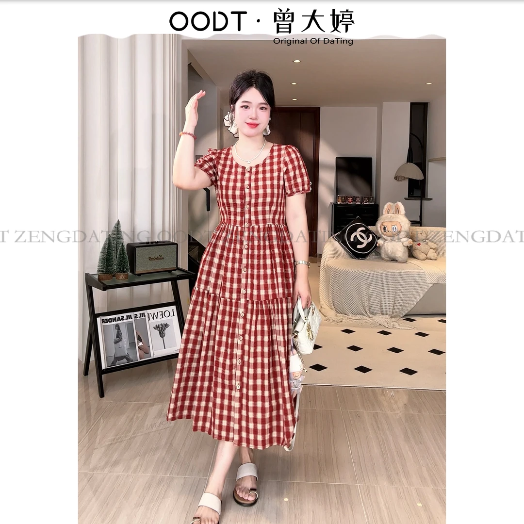 格子连衣裙复古格子夏季收腰长裙方领夏装cleanfit风