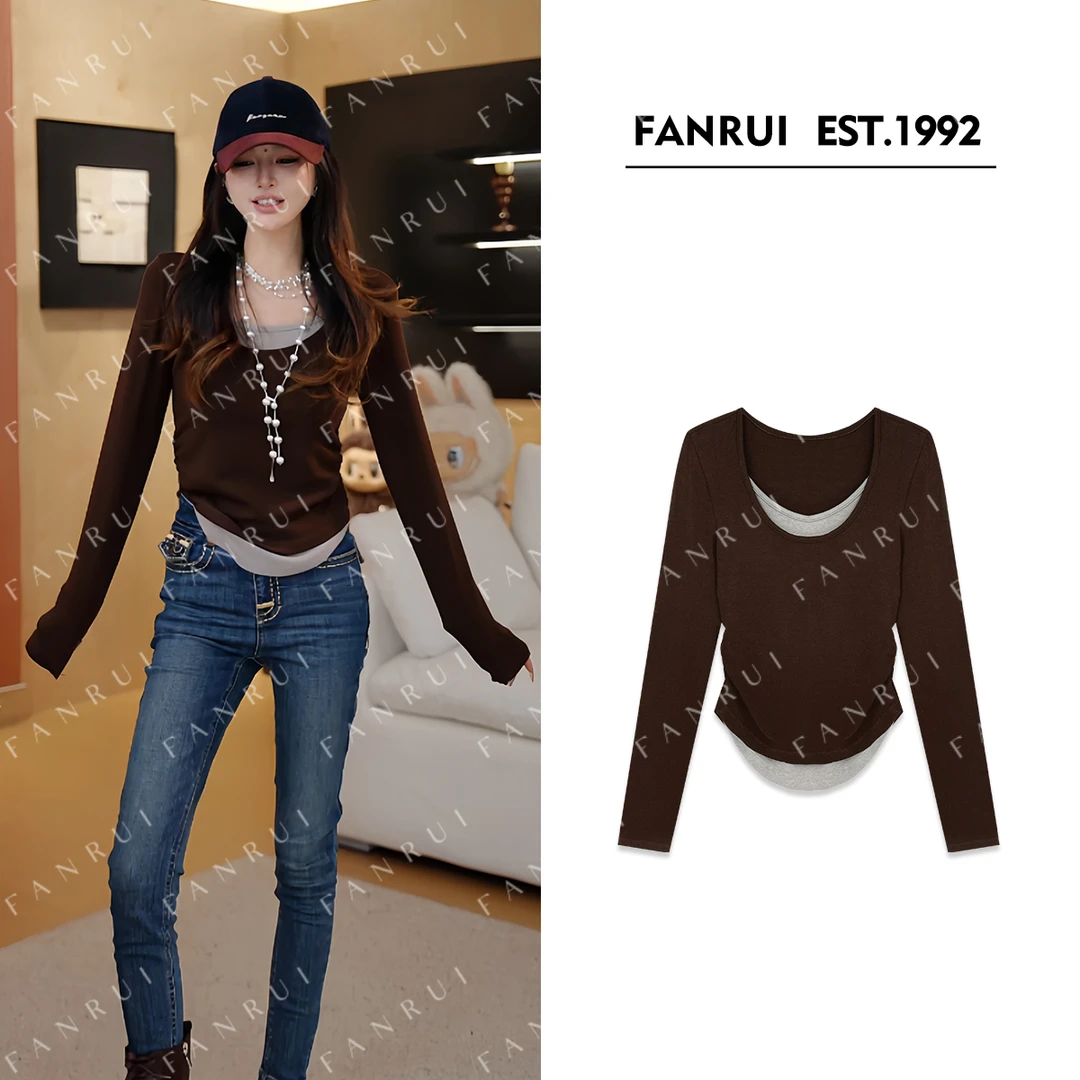 FANRUI/泛芮「贝贝biuu」双色时髦显瘦设计感百搭鹅蛋领上衣B17884