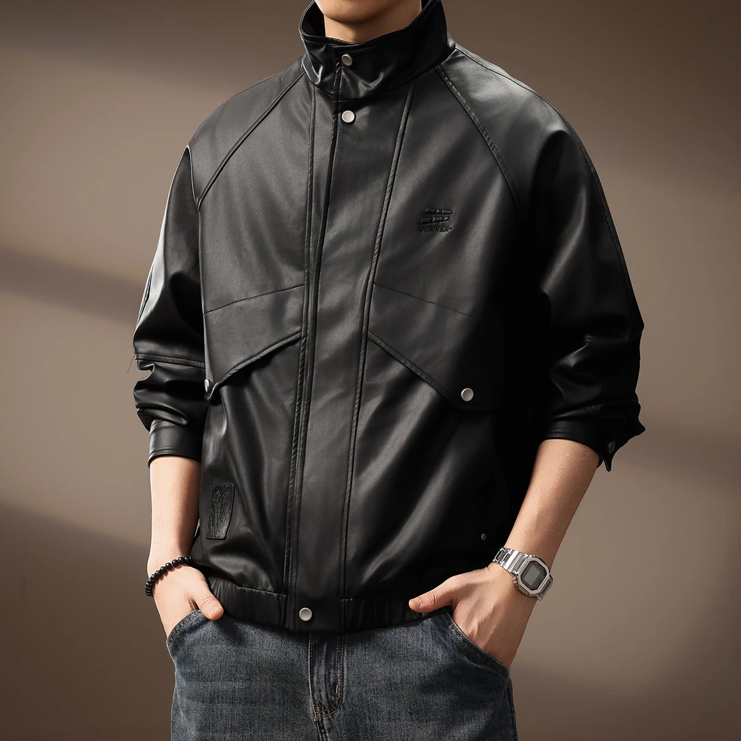 高端美式痞帅立领PU皮衣夹克男士秋季新款潮流多口袋宽松工装外套