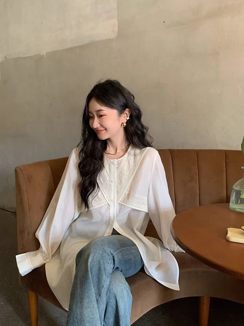 【可宝推荐】小众拼接提花衬衣衬衫长袖时尚休闲百搭夏季薄款宽松