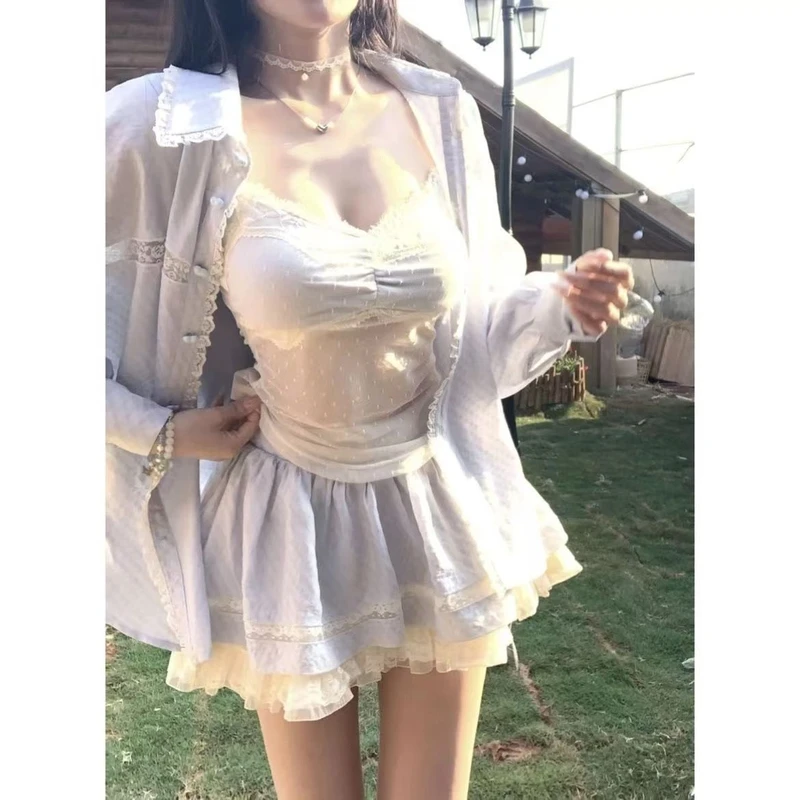 温柔甜美风纯欲套装女2025春夏新款吊带背心防晒开衫半身裙三件套