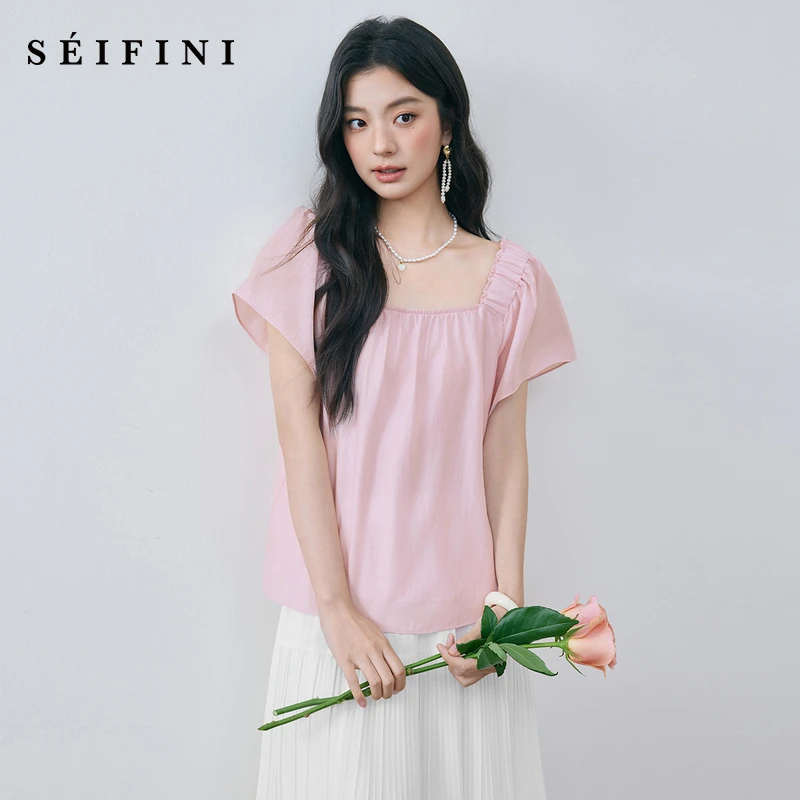 诗凡黎甜美醋酸方领衬衫2025夏新款法式气质显白小上衣7G5320271