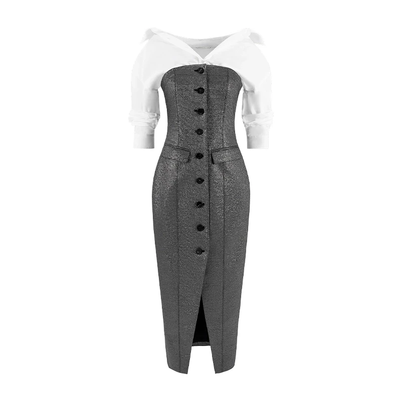 MAGGIE MA设计师款复古韵味撞色拼接单排扣修身显瘦连衣裙517D