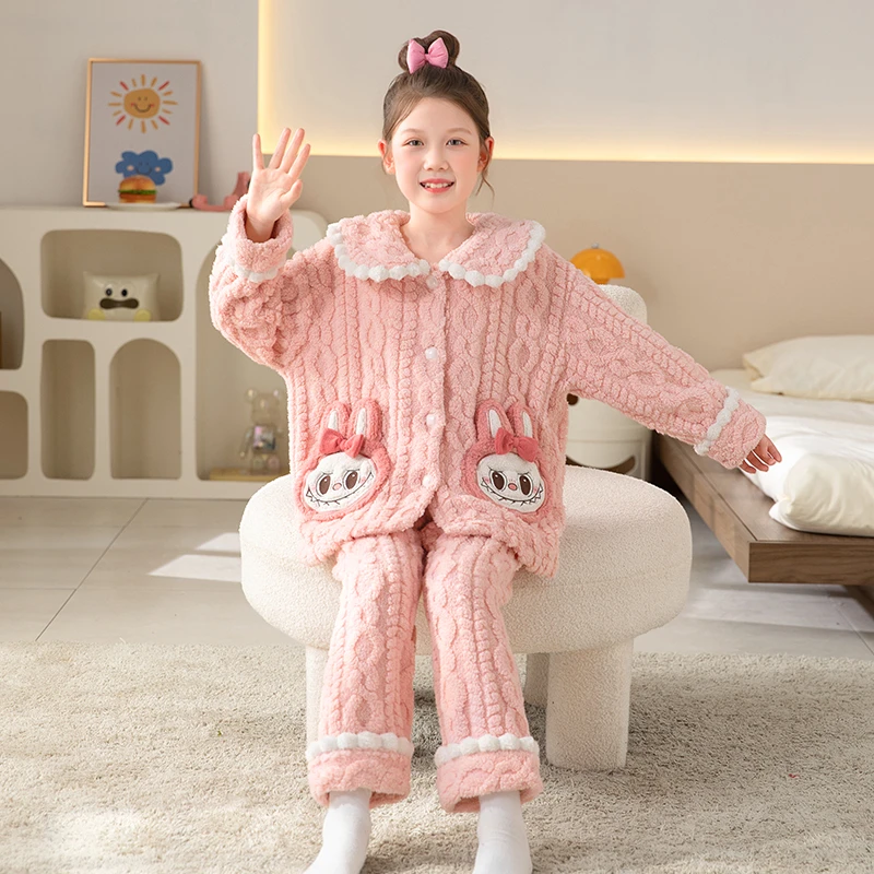 2025新款珊瑚绒儿童睡衣女秋冬季加绒加厚款女童法兰绒可爱家居服