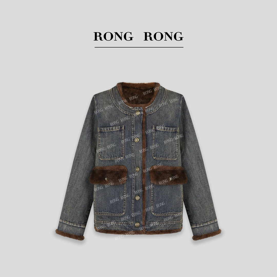 溶溶J【加州蓝慕】RONGRONG复古怀旧保暖拼接绒毛牛仔外套 F23D382W