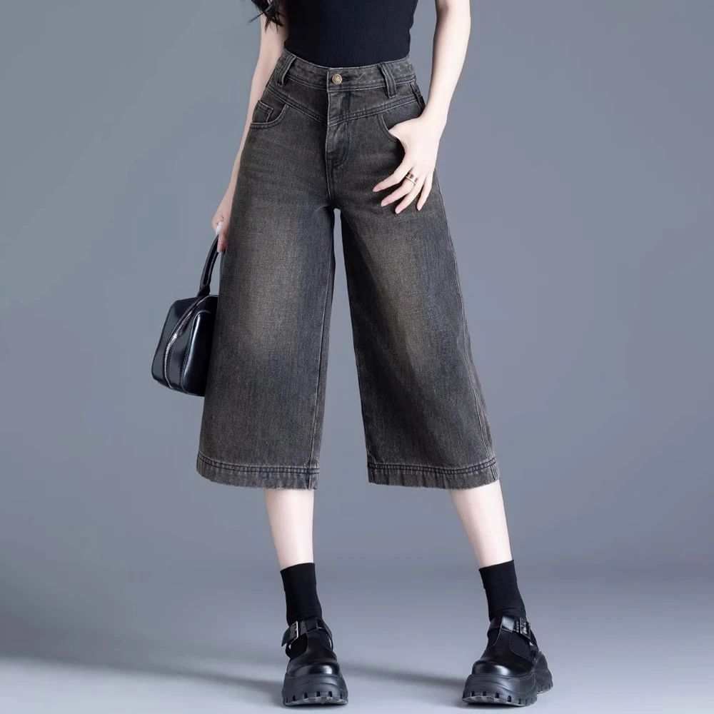 简约黑色七分阔腿牛仔裤女款爆款2025夏季宽松高腰显瘦休闲直筒裤