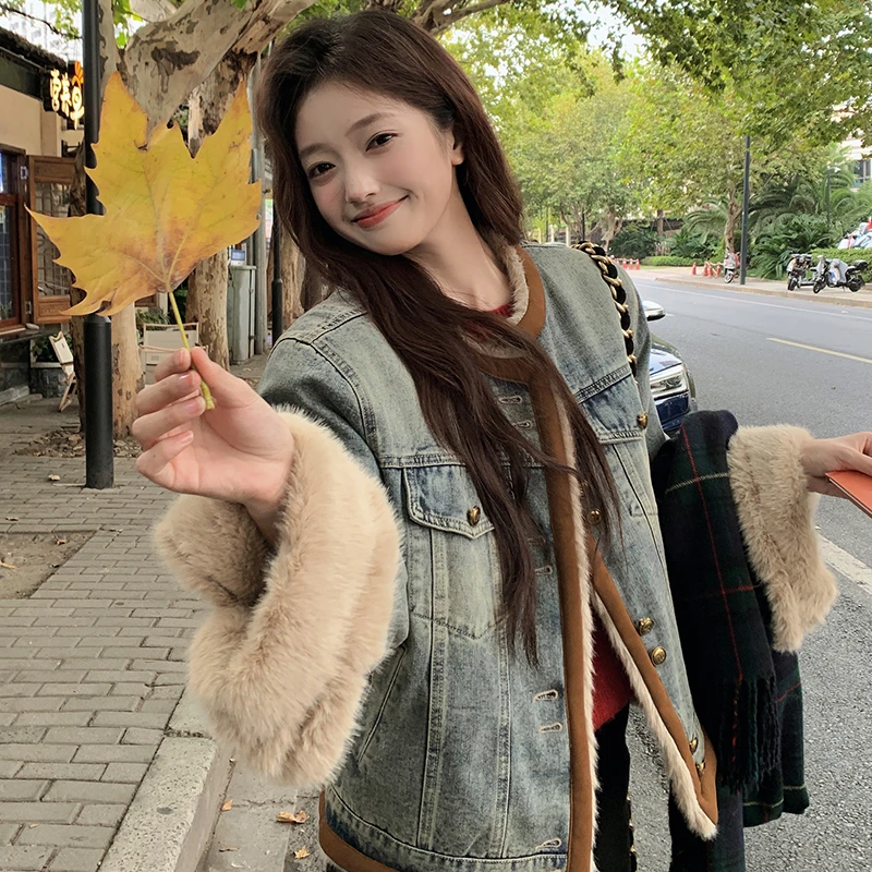 高级感复古牛仔派克服外套女冬季新款时髦气质小个子加绒加厚棉服